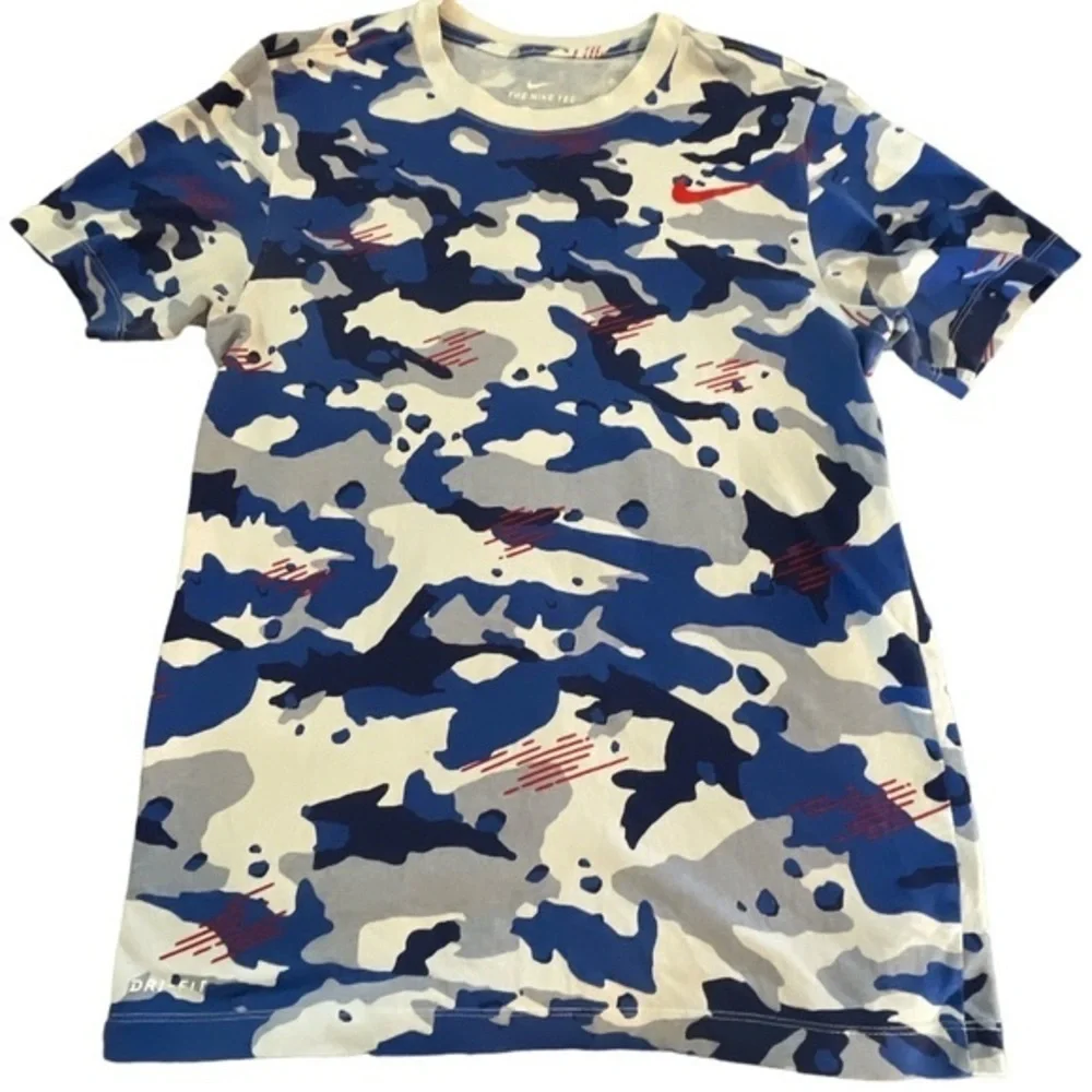 Men's The Nike Tee Blue White CAMO Short Sleeve Shirt Size Small GUC #6993